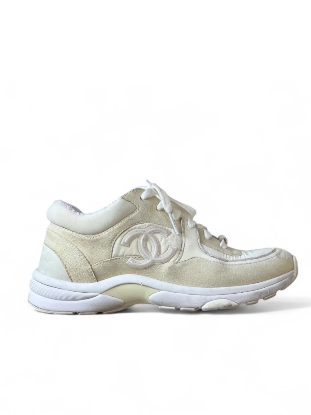 CHANEL White CC Logo Suede Leather Running Classic Sneakers    W G34360 38 1/2